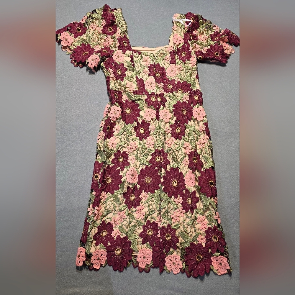 Just Me Burgundy and Pink Floral Midi Dress New In Poly Bag Large PTP 19 - Picture 3 of 6